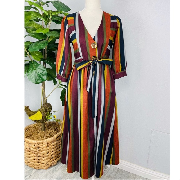 NWOT STRIPE MID SLEEVE BUTTON MUTLICOLOR DRESS - Picture 1 of 8